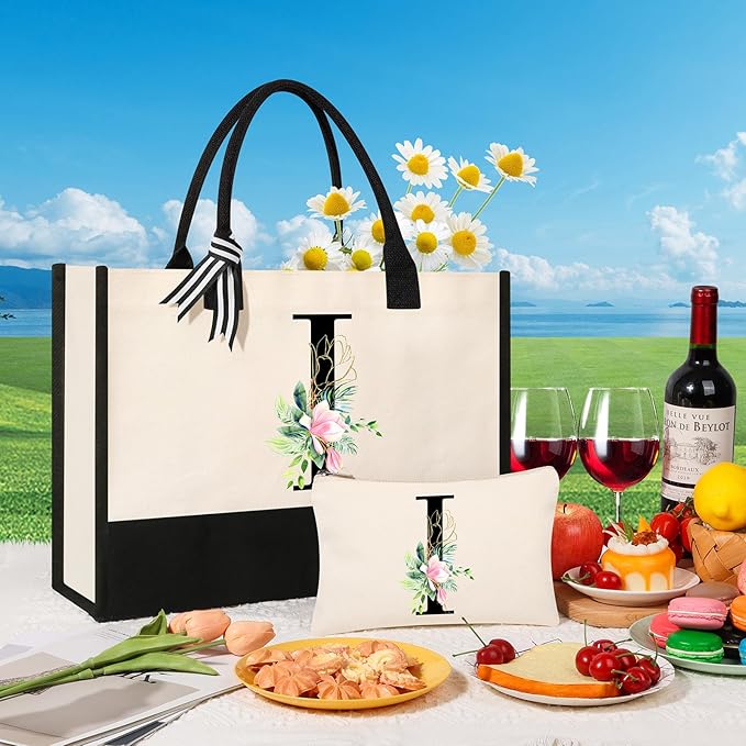 AYGE Personalized Initial Canvas Beach Tote, Monogrammed Gifts for Women, Makeup Bag, Birthday Gifts for Sister, Mom, Teacher, Bridesmaid