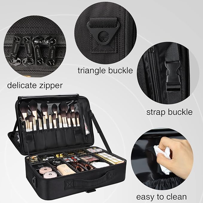 MONSTINA 16.5'' Large Capacity Makeup Case 3 Layers Cosmetic Organizer Brush Bag Barber Train Case Makeup Artist Box for Hair Curler Hair Straightener Brush Set and Cosmetics