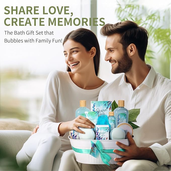 12Pcs Ocean Spa Gift Baskets for Women – Luxurious Bath & Body Set with Bubble Bath, Lotion, Spa Gifts Sets for Mother’s Day, Mother’s Day Presents for Her