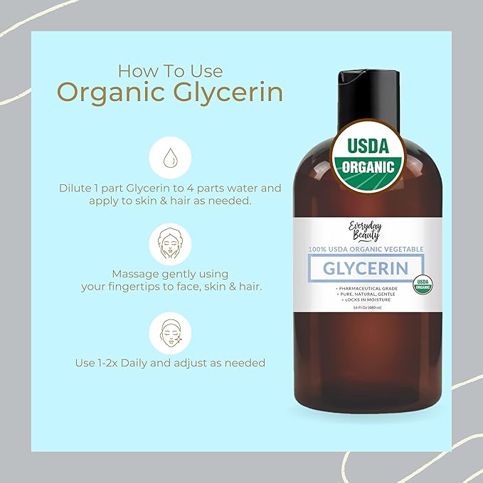 100% Organic Glycerin – USDA Certified - Perfect for DIY Beauty Products, Crafts, and Formulations – Derived From Coconut – Skin and Hair Moisturizer for Deep Hydration – 16 Fl Oz – By Everyday Beauty