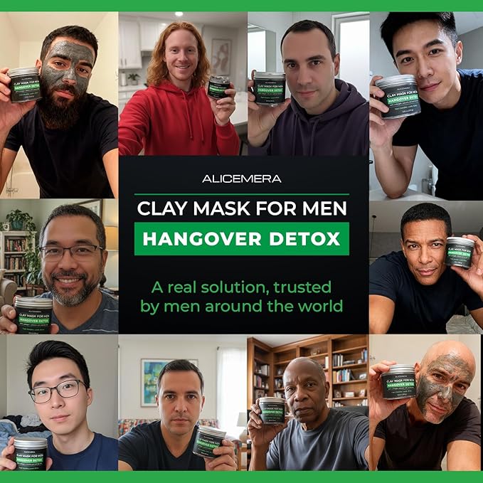 Hangover Detox Clay Mask for Men – Collagen Face Mask for Tired & Oily Skin – Recovery & Deep Pore Cleanser – 8.8 oz