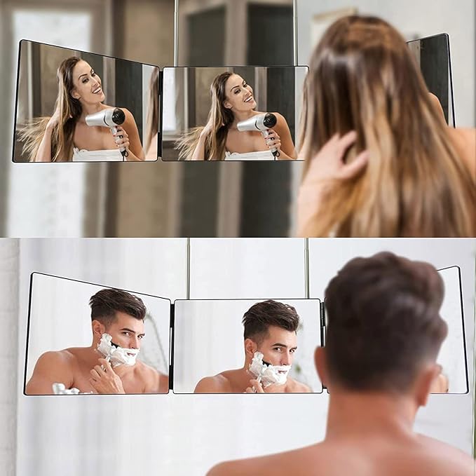 HIEEY 3 Way Mirror for Hair Cutting,360 Trifold Mirror with Height Adjustable Telescoping Hooks,and 5X Magnification,for Makeup, Hair Styling
