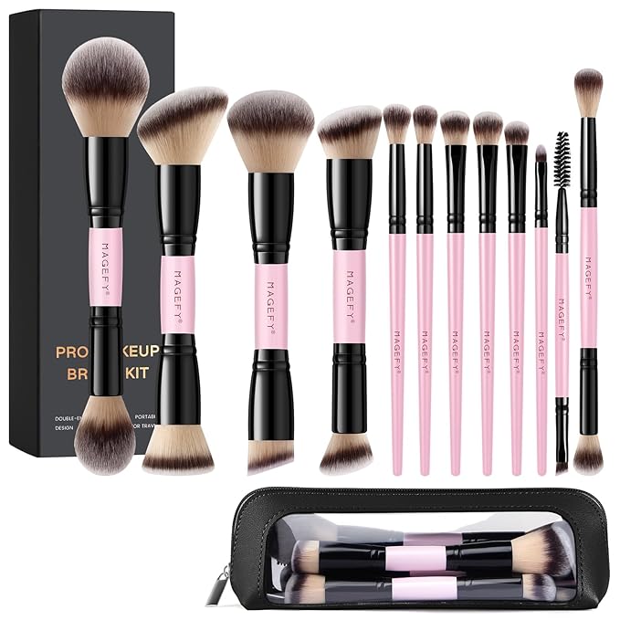 MAGEFY Makeup Brushes 12Pcs with Bag, Double-End Multi-functional for Foundation Powder Blush Eyeliner Eyeshadows brushes with Gift Box,Pink