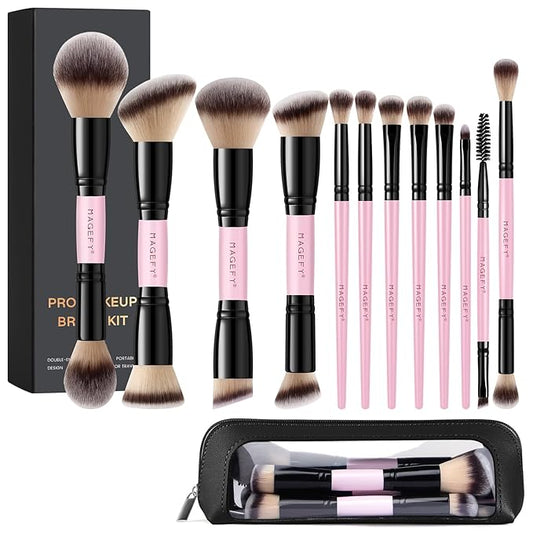MAGEFY Makeup Brushes 12Pcs with Bag, Double-End Multi-functional for Foundation Powder Blush Eyeliner Eyeshadows brushes with Gift Box,Pink