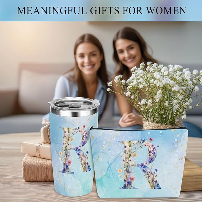 Personalized Gifts Monogrammed Birthday Gifts for Women, New Mom, Grandma Thank You Christmas, Initial 20 oz Tumbler, Makeup Cosmetic Bag Cup Pens Journal Notebook 6 Set, (Aesthetic Blue Flower R)