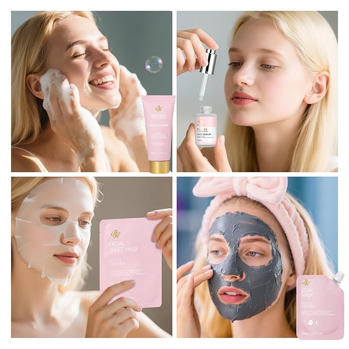 Rose Facial Skin Care Set, 33 Pcs Bath & Body Spa Basket for Women, Beauty Care Kit, Sheet Mask, Makeup Bag, Face Serum, Bath Bomb, Perfume, Christmas, Mother Day, Valentine's, Birthday, Baby Shower