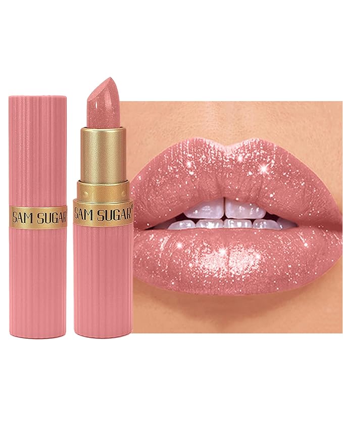 Nude Pink Sparkling Glitter Lipstick, Long Lasting Shimmer Metallic Lipstick for Women Glitter Red Waterproof Lip Gloss, Diamond Shiny Non-Stick Lipgloss Liptint Blam Lip Color labiales Makeup Gift-03