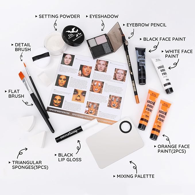 Halloween for Pumpkin Tiger Makeup Kit, Complete Halloween SFX Costume Makeup Set for Pumpkin &Tiger Cosplay ,Black White Orange Water-Based Face Paint Kit with Black Lip Gloss