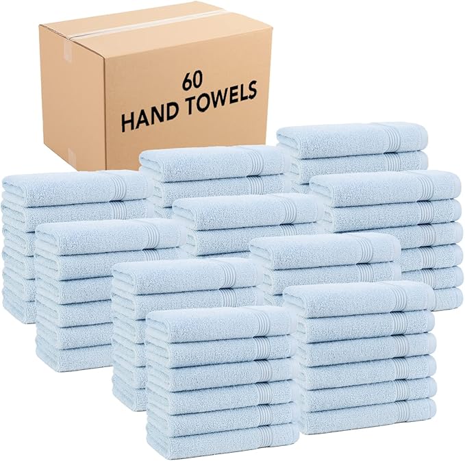 Arkwright Bathroom Hand Towels Set of 6 - (Bulk Case of 60) Super Soft 100% Cotton, 600 GSM Quick Dry & Absorbent, Luxury Bath Essentials for Hotels, Spa, Hosts, and Vacation Rentals, Misty Blue