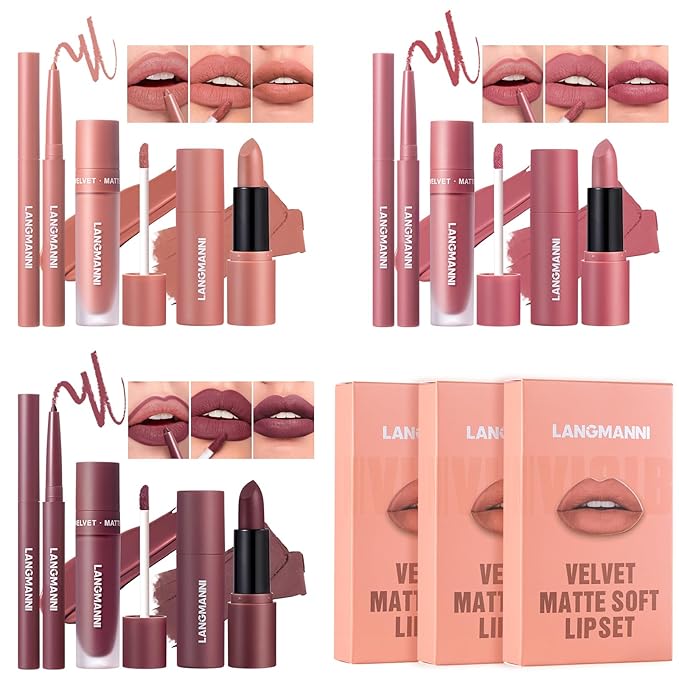 LANGMANNI 3 in 1 Matte Velvet Lipstick Set-Lip Liner,Lip Gloss and Lipstick Combo,Perfect for Natural Lip Contour,Waterproof And Longlasting Effect Lip Makeup,Unique Festival Gift (#02+04+06)
