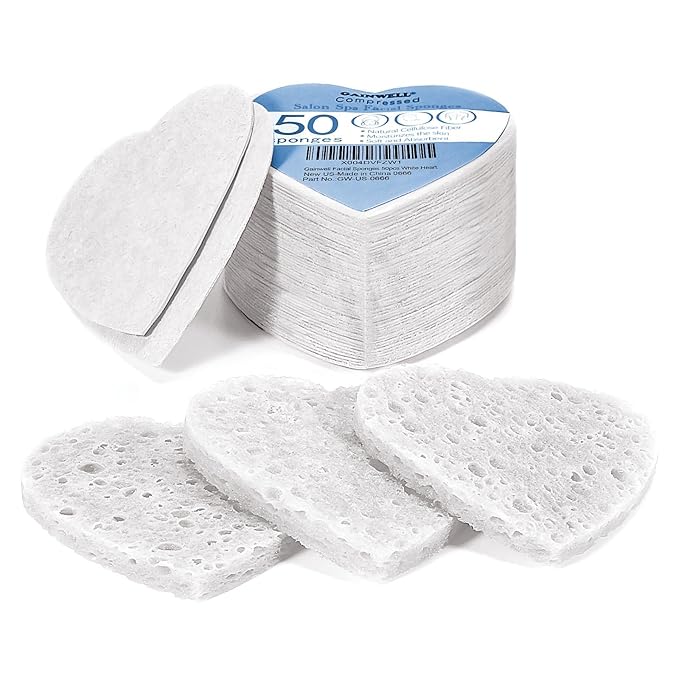 50-Count Heart Shape Compressed Facial Sponges for Daily Facial Cleansing and Exfoliating, 100％ Natural Cosmetic Spa Sponges for Makeup Remover, White