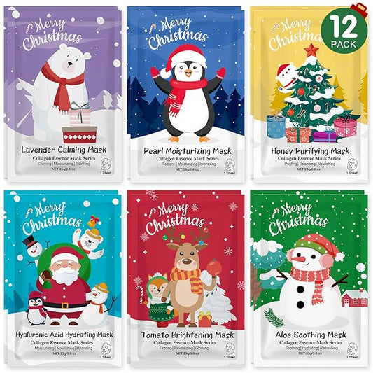 12 Pack Christmas Stocking Stuffers Facial Masks, Sheet Face Masks Skincare, Hydrating Facial Masks Set for Women Skin Care, Bulk Christmas Gifts for Women