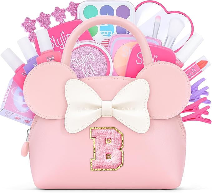 Kids Real Makeup Kit for Girls - 21Pcs Non-Toxic Make Up Toys with Initial Toddler Purse - Personalized Birthday Gifts for Age 5 6 7 8 9 10 Years Old Girls Vanity Set - B