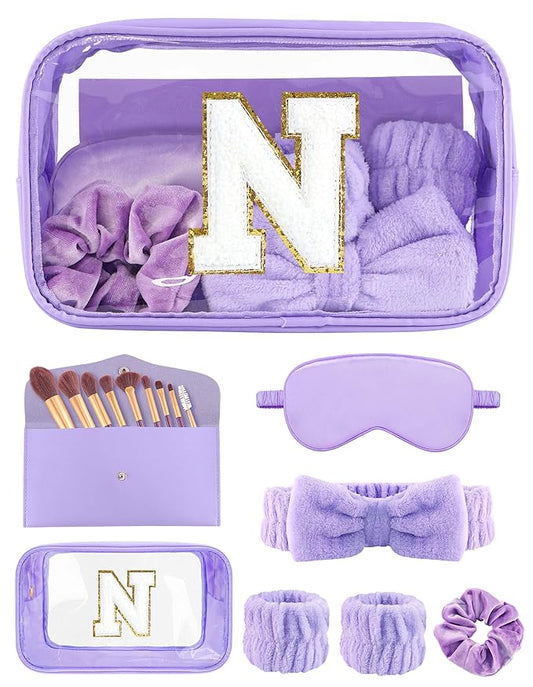 Gift Sets for Women, Initial Makeup Bag with Makeup Brush Set Bachelorette Party Favors, Purple Spa Kit with Skincare Headbands Wrist Bands Sleepover Party Supplies Gifts for Teen Girls Bridesmaid N
