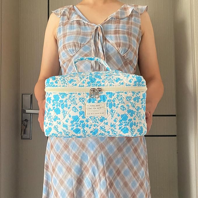 Lake Blue Large Quilted Floral Makeup Bag Cute Soft Coquette Aesthetic Cosmetic Bag Cotton Travel Toiletry Bag for Women