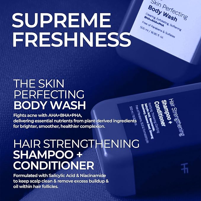 HOMMEFACE Men’s Triple Action Shower Kit - 2 Piece Set with 2-in-1 Hair Strengthening Shampoo + Conditioner & Body Wash with Pump - Korean Skincare Technology for Body Acne and Scalp Health