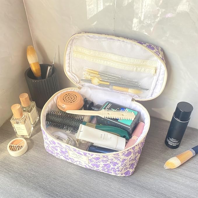 Purple Large Quilted Floral Makeup Bag Cute Soft Coquette Aesthetic Cosmetic Bag Cotton Travel Toiletry Bag for Women