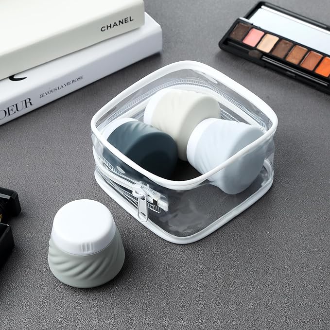 Gemice TSA Approved Travel Containers for Toiletries, 4 Pack Silicone Cream Jars with Convenient Toiletry Bag, Leak-proof Wide Mouth Travel-Size Toiletries Containers with Lid for Cosmetic Cream