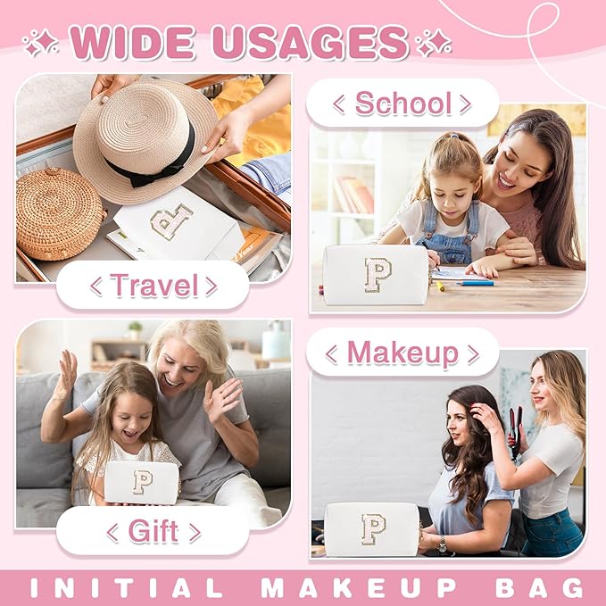 Small Initial Patch Makeup Bag Personalized Gifts Make Up Bag,White Cute PU Leather Glitter Letter Cosmetic Bag with Zipper,Trendy Portable Travel Toiletry Pouch,Preppy Stuff for Teen Girls Women P
