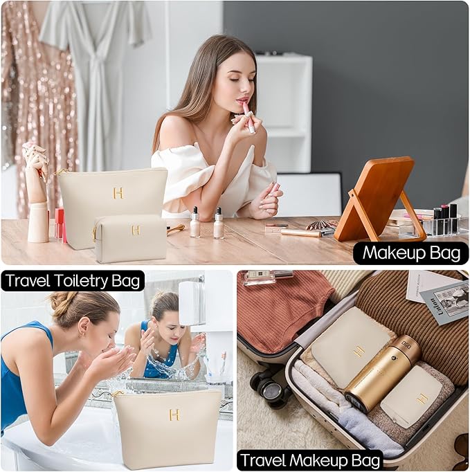 Women Gifts | Initial Makeup Bag Set for Girl Personalized Gifts for Bridesmaid Friend Graduation Teachers PU Leather Cosmetic Travel Toiletry Bag(Beige,H)