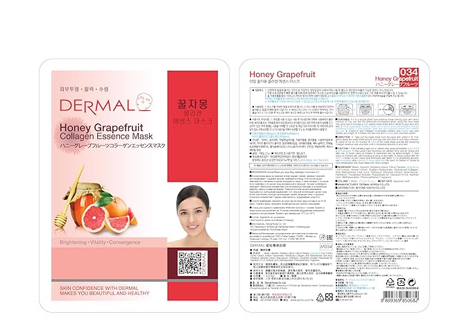 DERMAL Honey Grapefruit Collagen Essence Korean Facial Mask Sheet Pack of 10 - Rich in Vitamin C & Amino Acid - Hydrating, Evens Skin Tone & Dark Spots - Hypoallergenic Skin Friendly Sheet