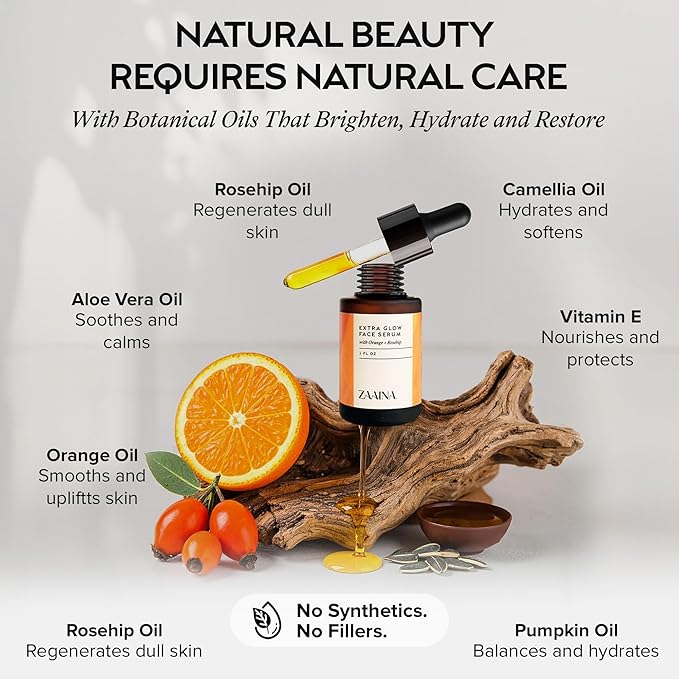 ZAAINA Extra Glow Face Serum – Hydrating Face Oil for Dry, Dull & Sensitive Skin – Lightweight Moisturizer & Natural Primer for Makeup – With Rosehip Oil, Pumpkin Seed & Vitamin E – 1oz Bottle