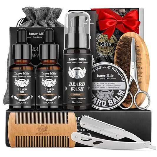 Isner Mile Beard Grooming Kit for Men Care: Trimming Sets with Beard Wash - Oil - Balm - Brush - Comb & Straight Razor, Birthday Christmas Gifts Mens Stocking Stuffers for Him Boyfriend Dad Husband