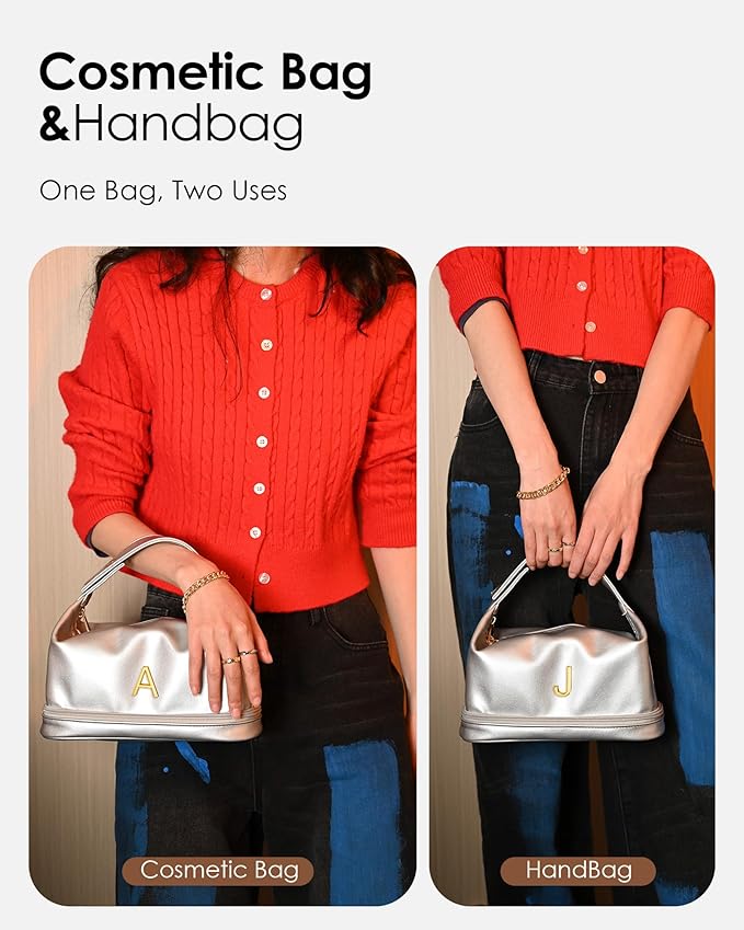 Teenage Girls Gifts Ideas, Personalized Makeup Bag with Handle, Initial Double Layer Cosmetic Bag with Makeup Brush Organizer, Cute Cosmetic Pouch for Women, Gifts for Friends Female Mom