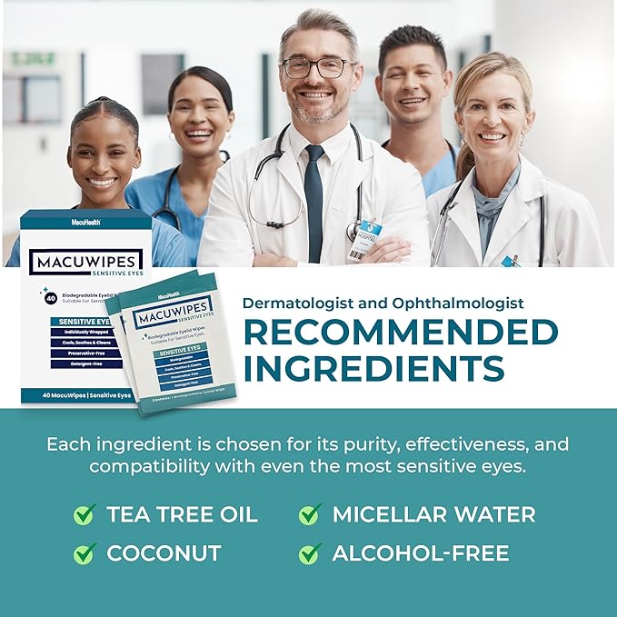 MacuHealth MacuWipes Sensitive - Pre-Moistened Eyelid Wipes for Dry, Sore & Gritty Eyes, Alcohol-Free, Rinse-Free Formula with Tea Tree Oil & Micellar Water, Individually Wrapped - 40 Count