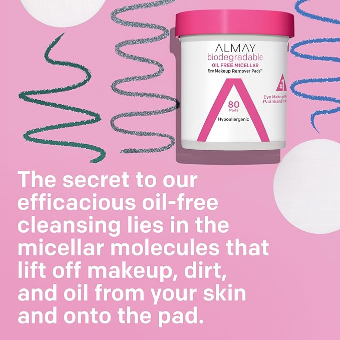 Almay Biodegradable Makeup Remover Pads, Micellar Gentle, Hypoallergenic, Fragrance-Free, Dermatologist & Ophthalmologist Tested, 120 Count