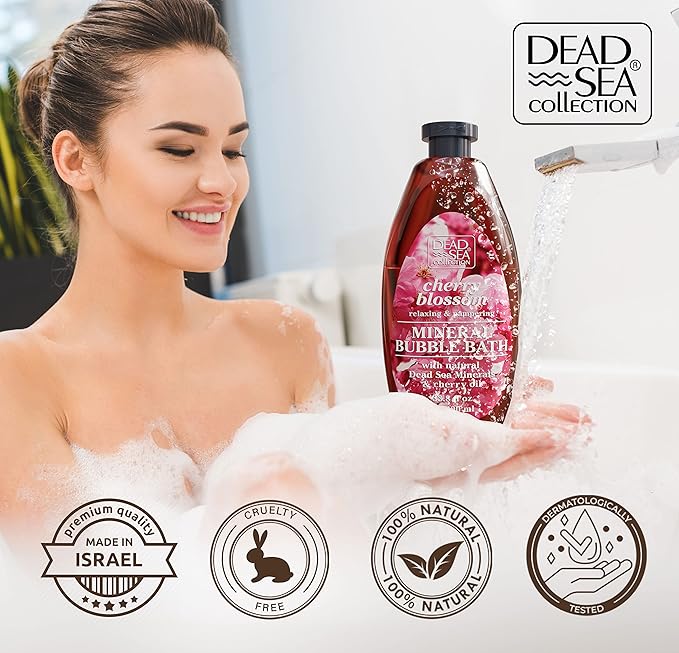 Dead Sea Collection Bubble Bath with Cherry Blossom for Women and Men – Cherry Seeds Oil and Dead Sea Salt - Nourishing and Moisturizing Skin - Pack of 2 (67.6 fl.oz)
