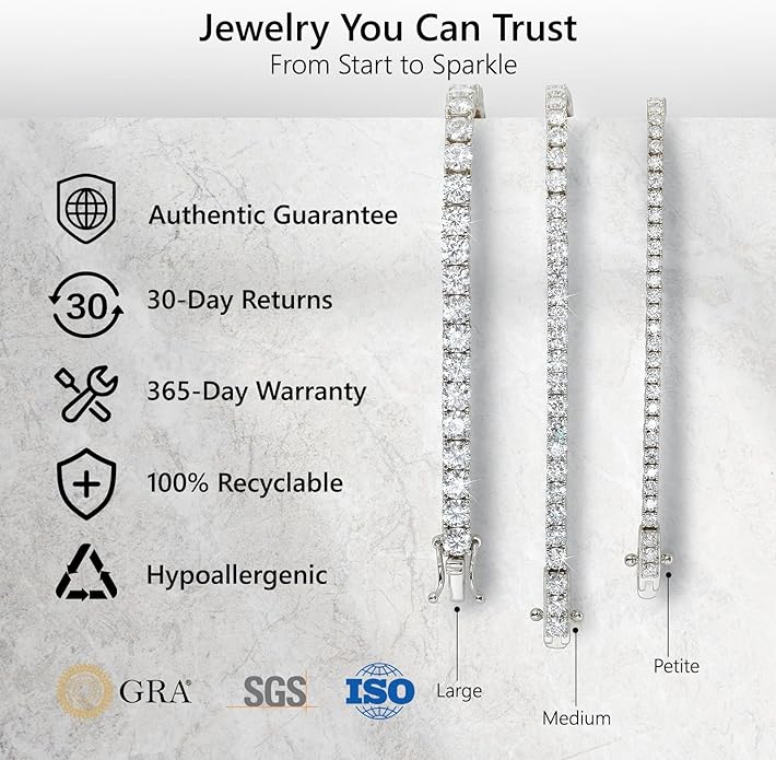 KRKC&CO Lab-Grown Moissanite Tennis Bracelet Women, Luxury Anniversary Wedding Bridal Gift for Wife, 2.2-13.8 ct.tw, D Color VVS1, 925 Sterling Silver 14K Golden Plated, Hypoallergenic, Everyday Jewelry