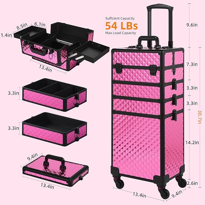 Rolling Makeup Case, Makeup Train Case with Lid, 5 in 1 Cosmetology Case on Wheels, Christmas Gift, Large Makeup Organizers, Profesional Cosmetic Case for Salon Barber, Rose Red
