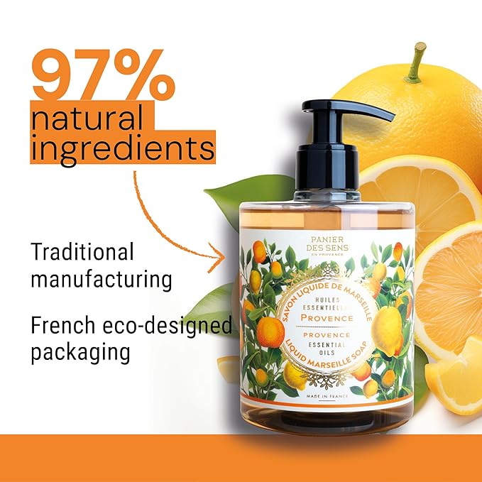 Panier des Sens - Moisturizing Hand Soap - Provence Fresh, Fruity Fragrance - French Savon de Marseille Soap with Coconut Oil - Refillable Kitchen & Bathroom Soap - 16.9 Fl.oz Hand Wash 97% Natural