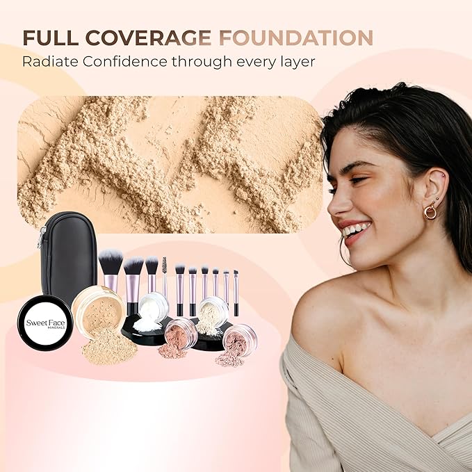 16pc Beginner Mineral Makeup STARTER KIT with 10 BRUSH SET (5gm)Sample Size Foundation, Primer, Blush, Bronzer, Setting Powder for Learning, Occasional Use & First Time Users, Travel Size Kit (Fair 2)