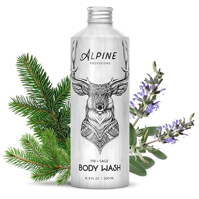 Alpine Provisions Natural Fir & Sage Moisturizing Body Wash – Refreshing with Essential Oils, Aloe Vera & Coconut Oil – Vegan, Sulfate-Free, Plastic-Free Aluminum Bottle – 16.9 FL Oz