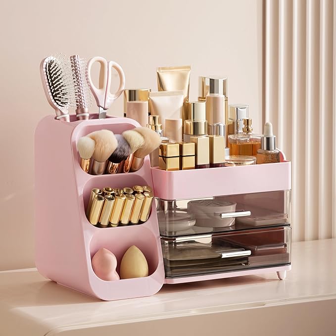 HBlife Makeup Organizer with Brush Holder for Vanity, Large Plastic Bathroom Countertop Organizer Skin Care Storage, Easy to Store Lipsticks, Nail Polishes, Perfumes, Eyeshadow Palettes, Pink