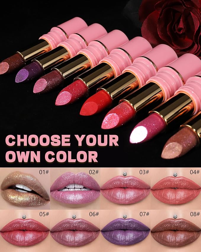 Metallic Nude Pink Glitter Lipstick Long Lasting,Glitter Lipstick Diamond Shimmer Lip Gloss for Women,Transfer Proof Non-Stick Lipgloss Highly Pigmented Full Coverage Red Lip Color Makeup Gift-02