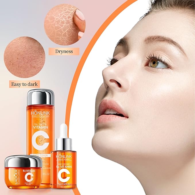 5x Vitamin C Skincare Set,Revitalizing Toner, Nourishing Essence, Face Moisturizer, Deep Cleansing & Hydration Balance, Refines Pores & Enhances Luminosity, Unique Gift for Women