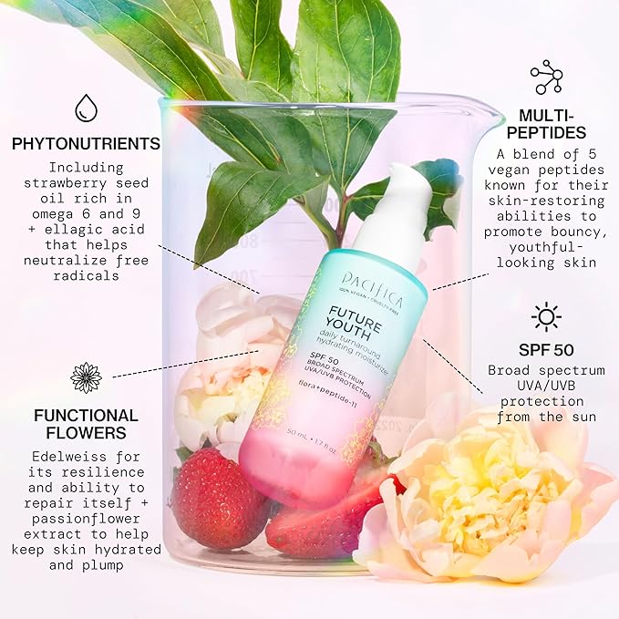 Pacifica Peptide Face Moisturizer Future Youth Daily Turnaround Hydrating, SPF 50 Broad Spectrum, UVA/UVB Sun Protection, Sunscreen, Face Moisturizer, Anti-Aging, Vegan, 1.7 fl oz (1 Count)