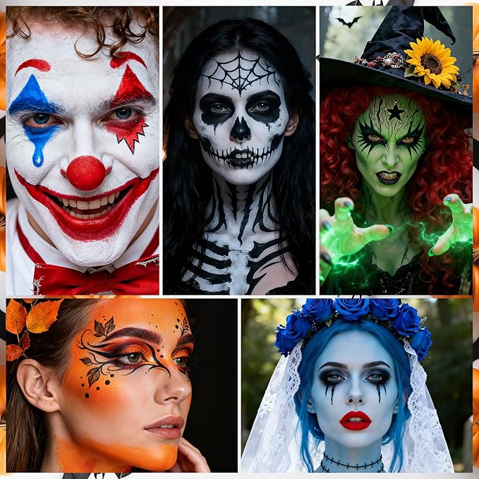 Halloween for Skeleton Makeup Kit, Professional Halloween SFX Makeup Set for Skeleton Costume, Water-Based Face Paint Set with Black White SilverFace Paints, for Cosplay, Costume Party