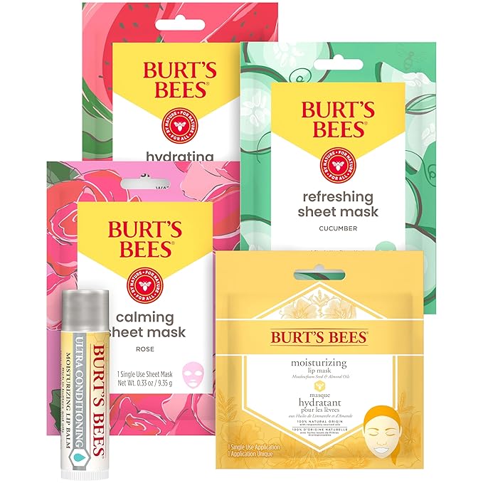 Burt’s Bees Mask Bundle Gift Set; , Ultra Conditioning Lip Balm and Moisturizing Lip, Refreshing Sheet and Calming Sheet Masks; Festive Packaging; 1 Gift Set (Pack of 6)