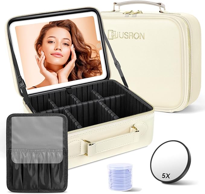 JUSRON Travel Makeup Bag With LED Mirror, Cosmetic Train Case with Light up Mirror, Portable Makeup Artist Organizer Bag with Adjustable Dividers, Makeup Brush Holder Storage (White, Large)
