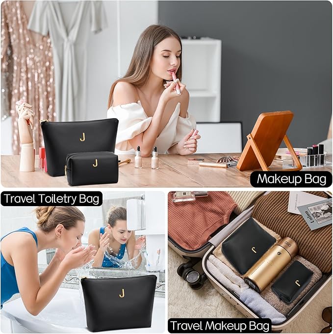 Women Gifts | Initial Makeup Bag Set for Girl Personalized Gifts for Bridesmaid Friend Graduation Teachers PU Leather Cosmetic Travel Toiletry Bag(Black,J)