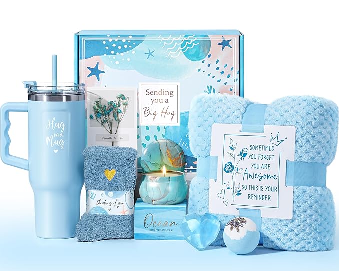 Birthday Gifts for Women Self Care Gifts Get Well Soon Gifts, Ocean Relaxing Spa Gifts Basket Care Package w/ Flannel Blanket 40 OZ Tumbler, Mothers Day Gifts for Mom Her Wife Girlfriends Sister Wife