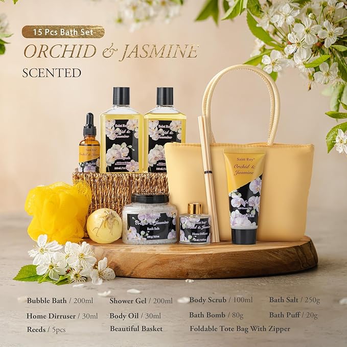 Mother's Day Gift for Mom Bath and Body Gift Basket Orchid & Jasmine Spa Gift Baskets for Women Fragrant Body Lotions, Bath Bomb, Home Spa Gift Basket Rich in Jojoba oil & Shea Butter, Bath Kit Sets