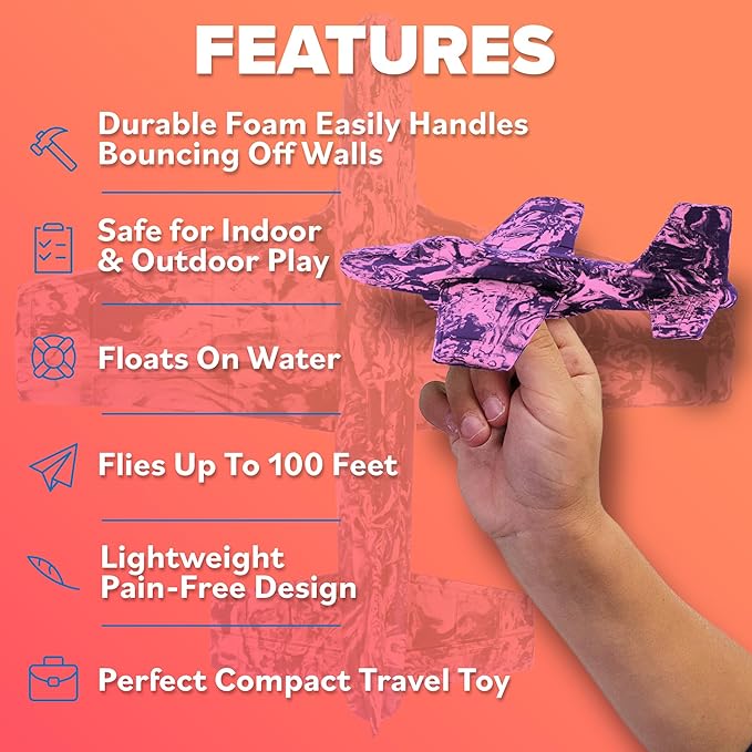 Foam Airplanes for Kids - Best Girl Toys Age 4 & Up - Engaging Toy for 7 Year Old Girl Birthday Gifts - Stocking Stuffers for Girls All Ages - Fun Sports Toy & Party Favors & Outdoor Toys Age 6-8+