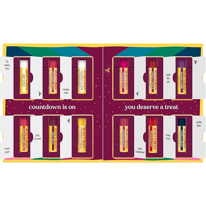 Burt's Bees 12 Days of Joy Lip Balm Advent Calendar Gift Set, Flavored Lip Balm Pack Great for Office Holiday Gifts, Tint-Free, Natural Origin Lip Care, 12 Tubes, 0.15 oz.