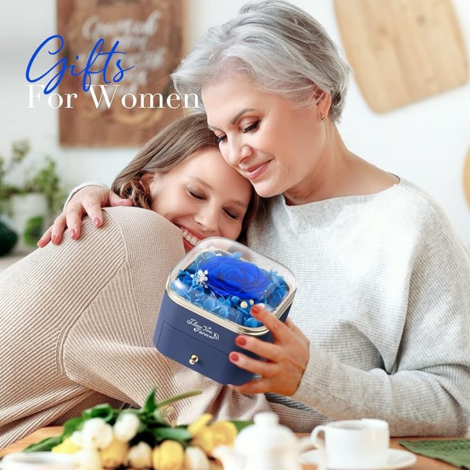Preserved Real Blue Rose with Angle Wings Necklace, Forever Flowers Gifts for Mom Grandma Wife Girlfriend at Christmas Valentines, Anniversary Birthday Gifts for Women, I Love You Gifts for Her