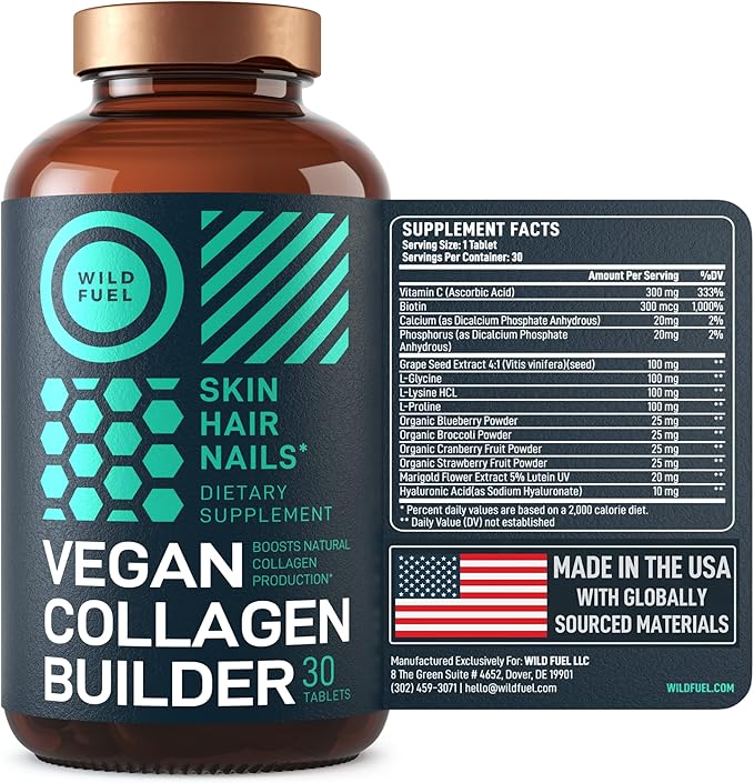 WILD FUEL Vegan Collagen Builder - Biotin, Organic Superfood, Amino Acids Glycine, Lysine, Proline Plant-Based Collagen Booster Supplements - 30 Organic Extract Tablets